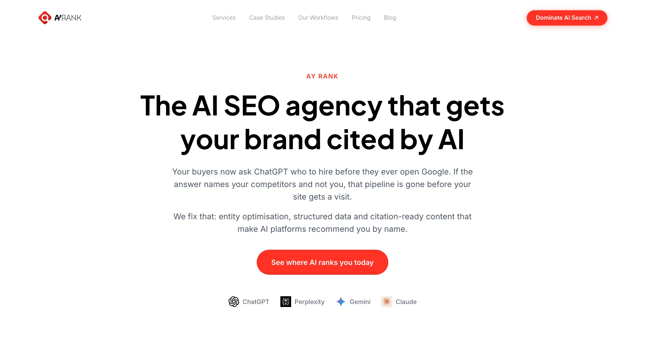 AY Rank's AI SEO agency page: entity optimisation, structured data and citation-ready content aimed at getting brands cited by ChatGPT, Perplexity, Gemini and Claude