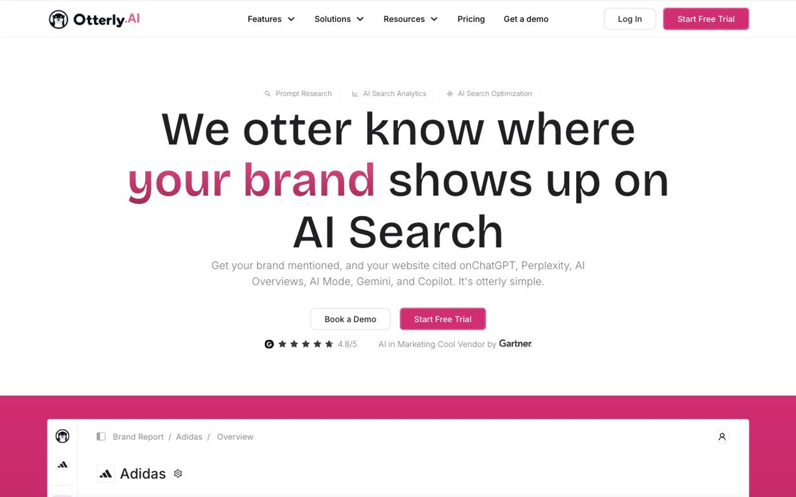 AI search monitoring dashboard on the Otterly.AI homepage