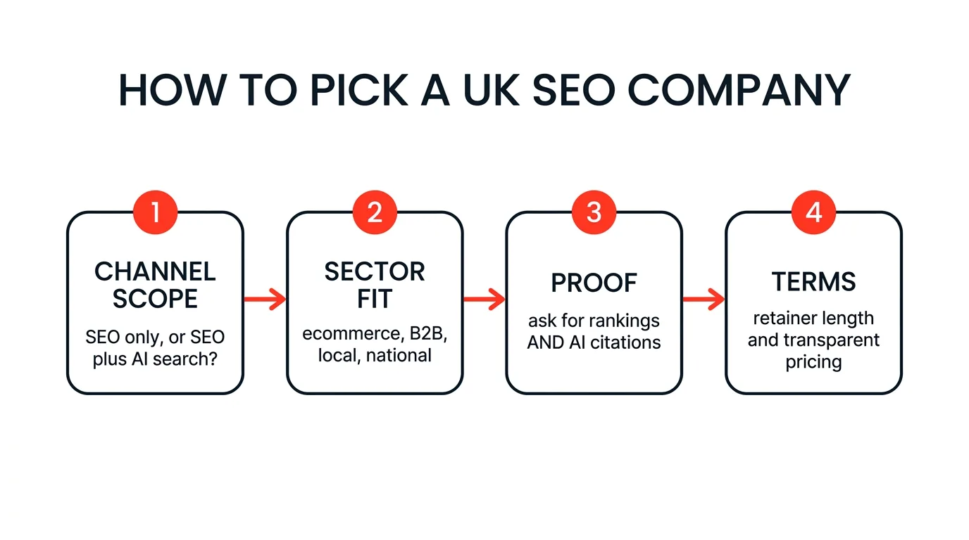 How to pick a UK SEO company: channel scope, sector fit, proof, terms