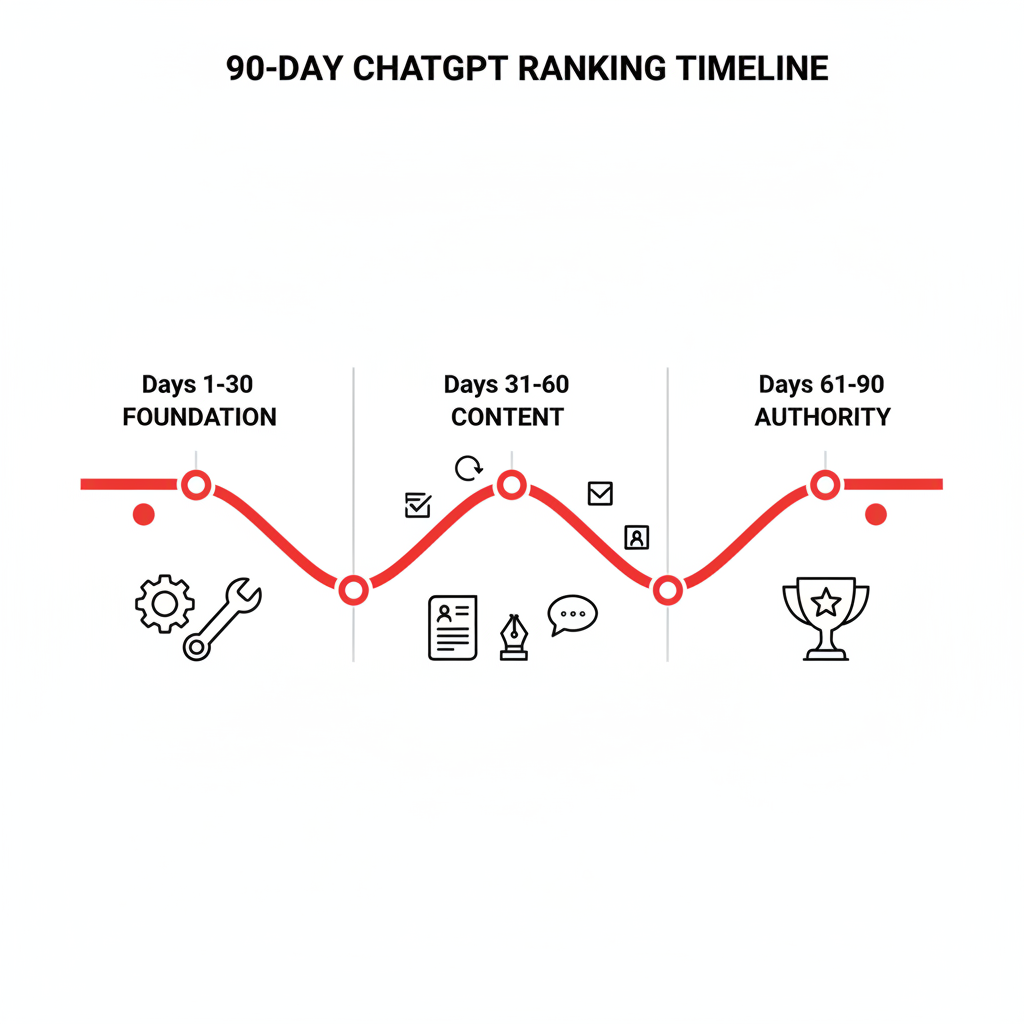90-day ChatGPT ranking timeline: Foundation, Content, and Authority phases