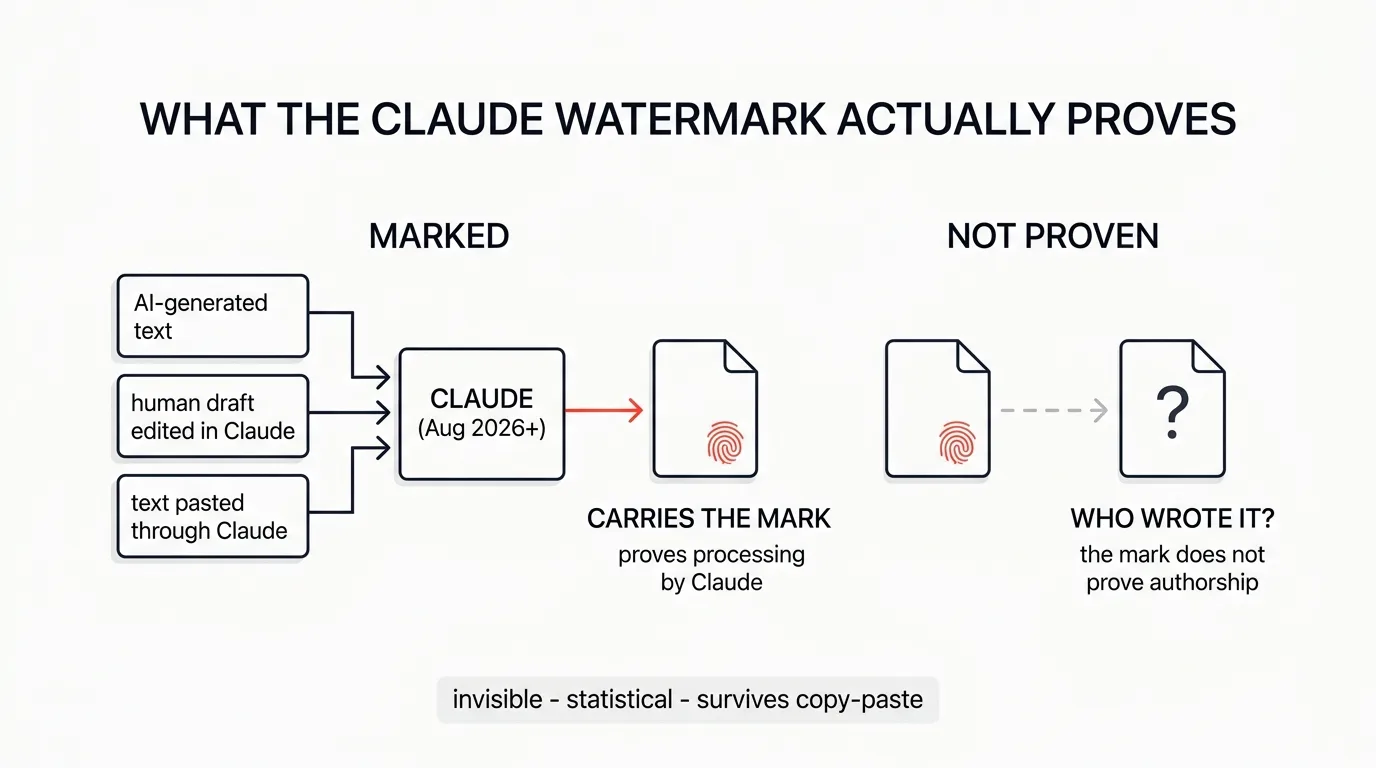 What the Claude watermark actually proves: AI-generated text, human drafts edited in Claude, and text pasted through Claude all carry the mark, which proves processing, not authorship