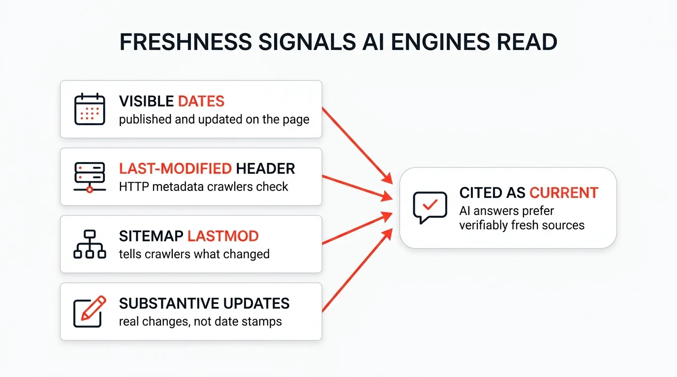Freshness signals AI engines read: visible dates, last-modified headers, sitemap lastmod, and substantive updates converge into being cited as current