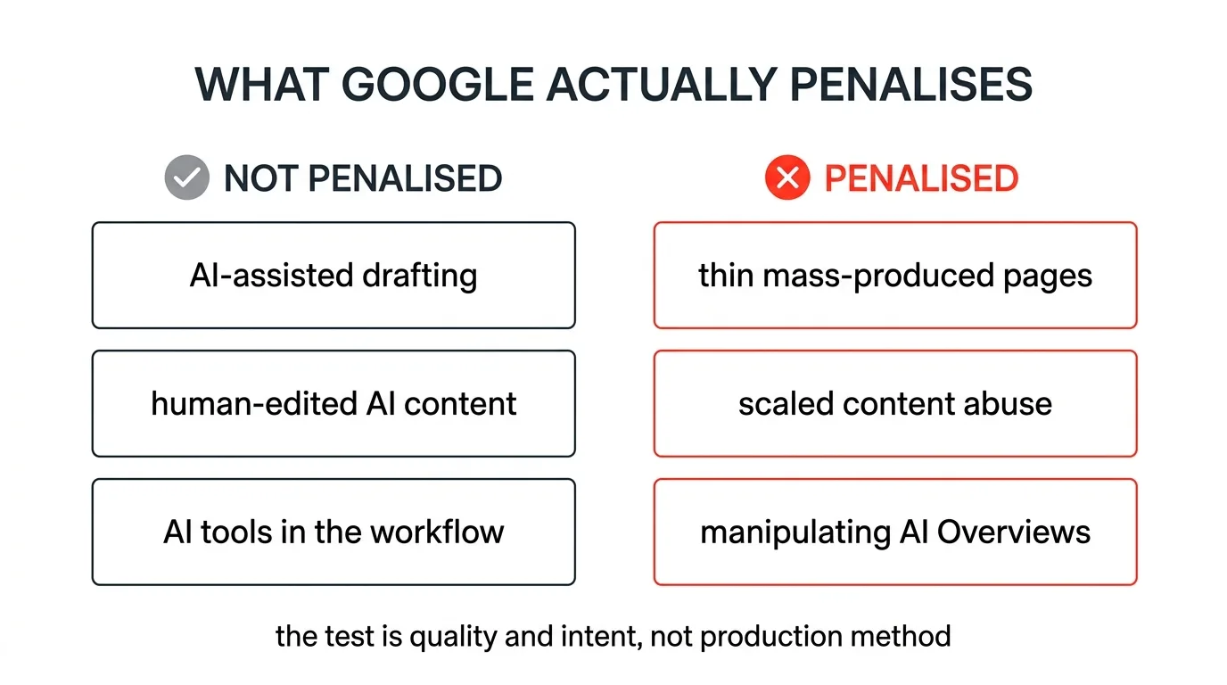 What Google actually penalises: AI-assisted drafting and human-edited AI content are fine; thin mass-produced pages, scaled content abuse, and manipulating AI Overviews are not