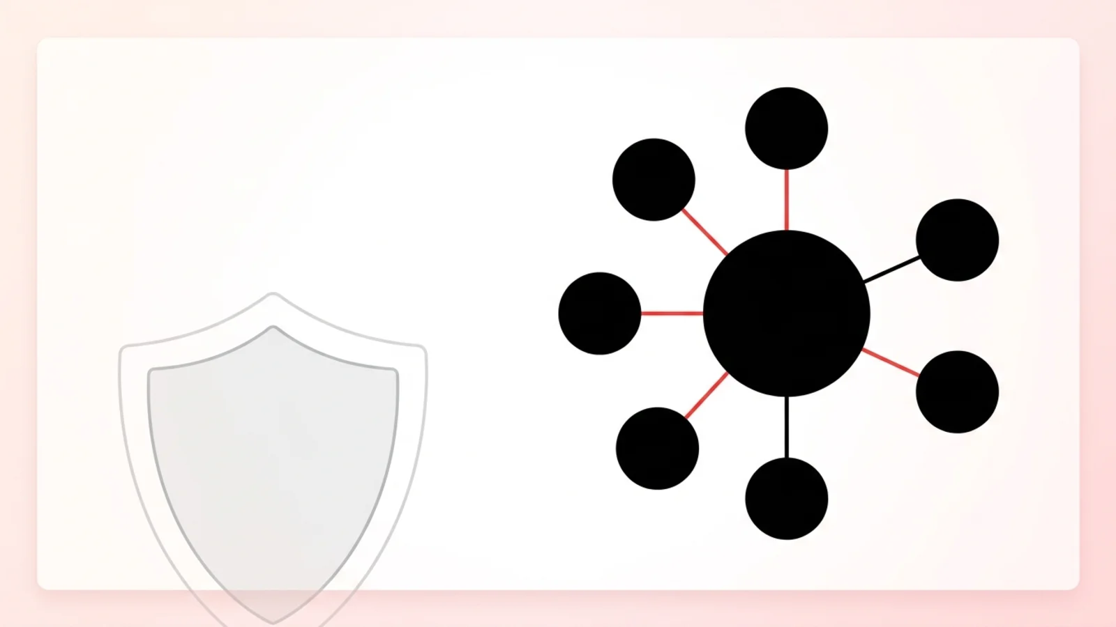 A large authority-badge icon shown crossed out and fading, next to a smaller node-cluster icon covering many connected angles shown strong and central