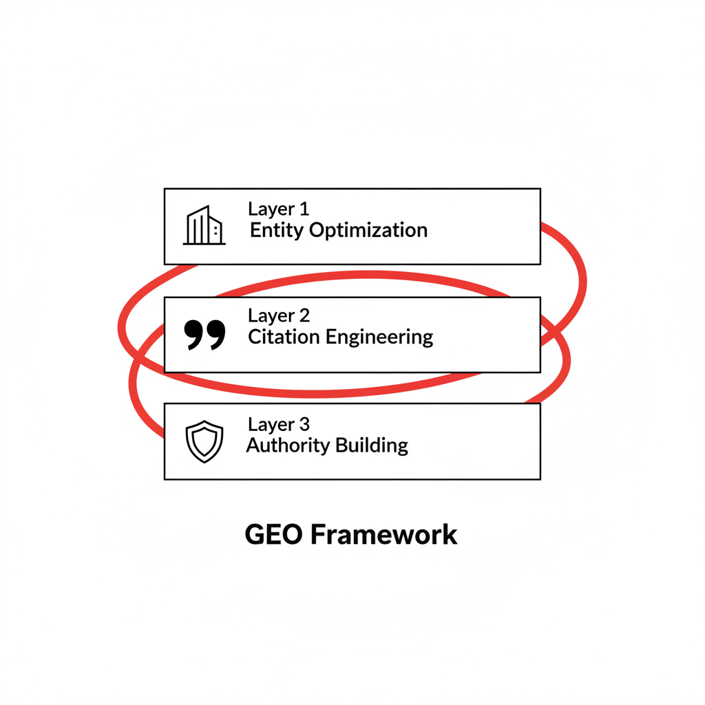 The GEO Framework: three layers of Entity Optimization, Citation Engineering, and Authority Building