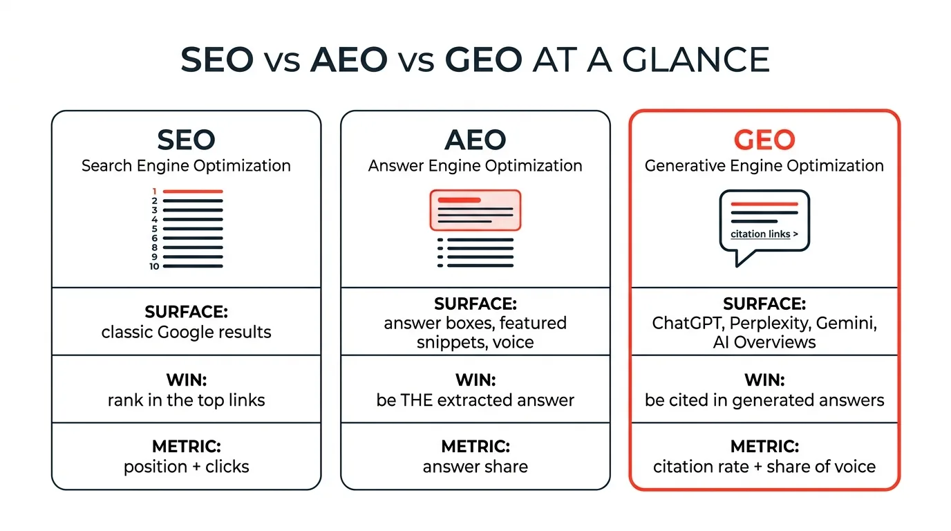 SEO vs AEO vs GEO at a glance: SEO wins classic Google rankings, AEO wins the extracted answer, GEO wins citations in AI-generated answers