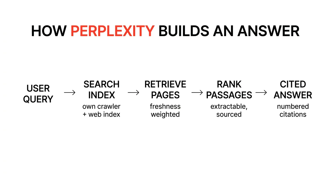 How Perplexity builds an answer: user query, search index, freshness-weighted retrieval, passage ranking, and a cited answer