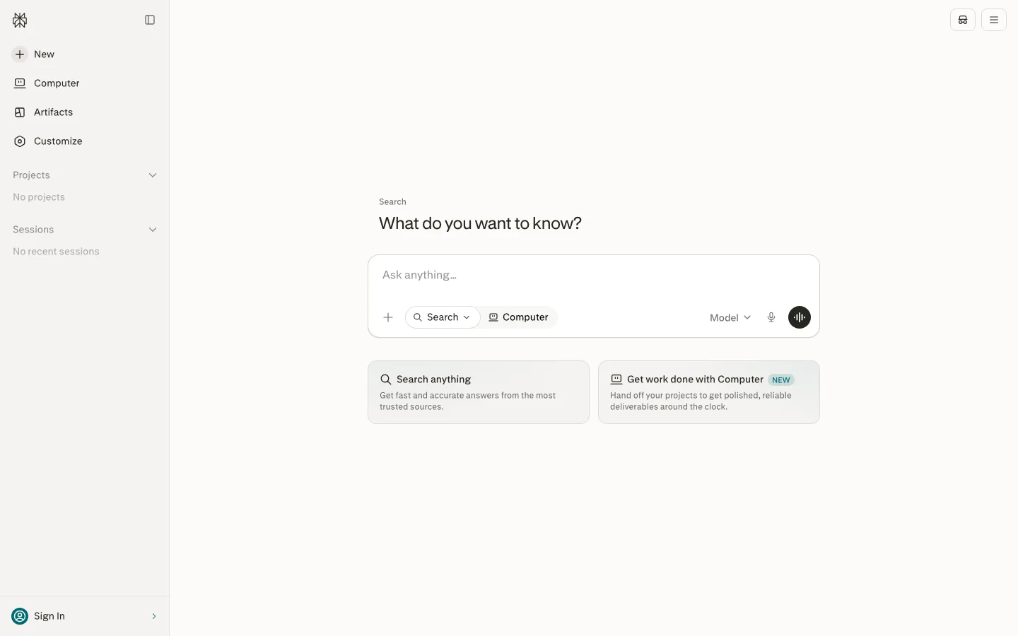 Perplexity's search interface, the place to start manual visibility checks: every answer begins with a live retrieval pass