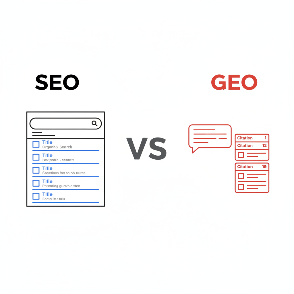 SEO vs GEO comparison: traditional search results page versus AI-generated citation response