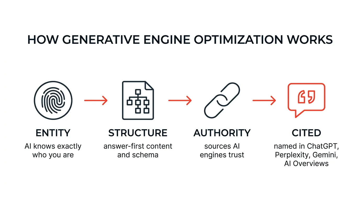 How generative engine optimization works: entity clarity, answer-first structure, and authority signals lead to being cited by ChatGPT, Perplexity, Gemini, and AI Overviews